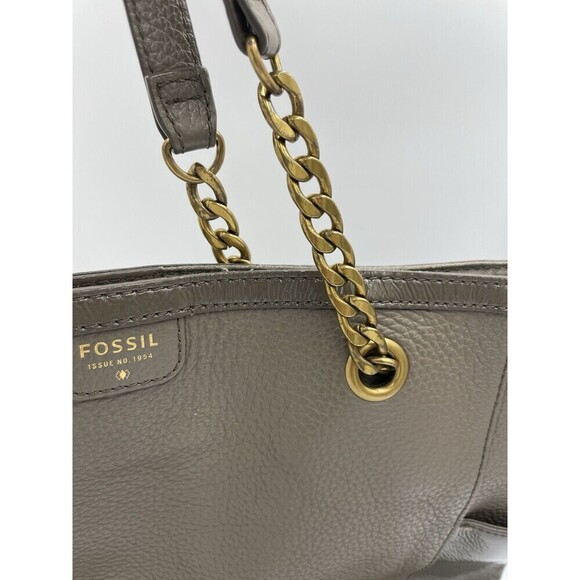 Fossil Women's TAUPE Leather Tote Mimi Handbag Chain Leather Handle Shoulder Bag - Picture 3 of 16